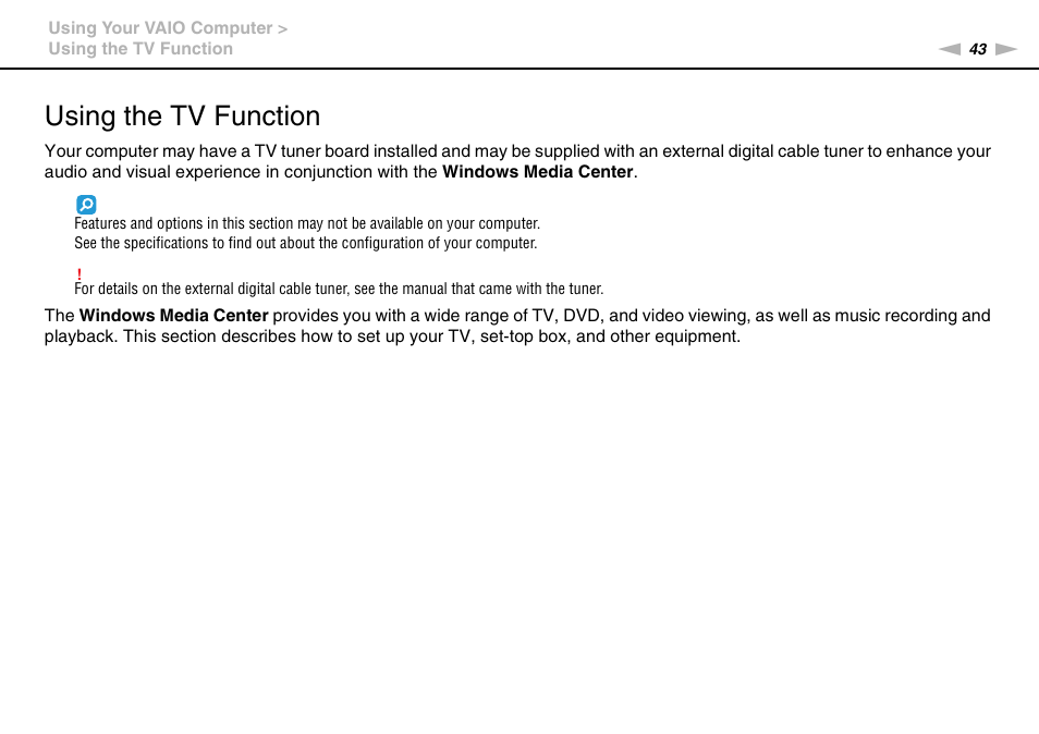 Using the tv function | Sony VAIO VGN-AW User Manual | Page 43 / 190
