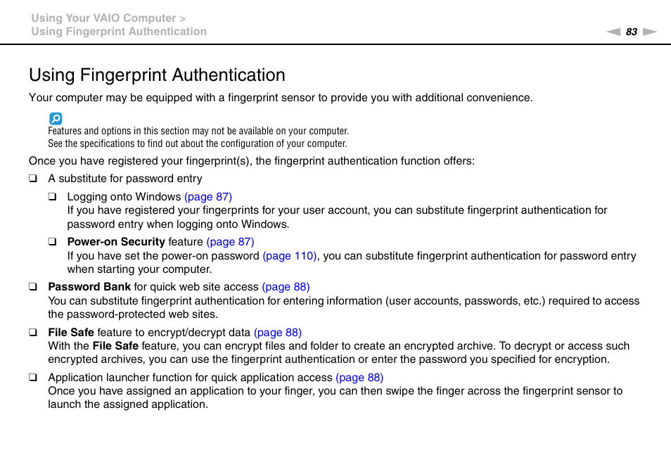 Using fingerprint authentication | Sony VAIO VGN-AW User Manual | Page 83 / 190