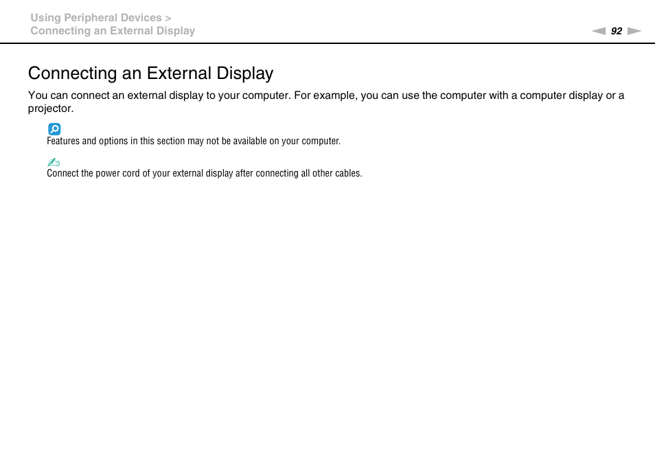 Connecting an external display | Sony VAIO VGN-AW User Manual | Page 92 / 190