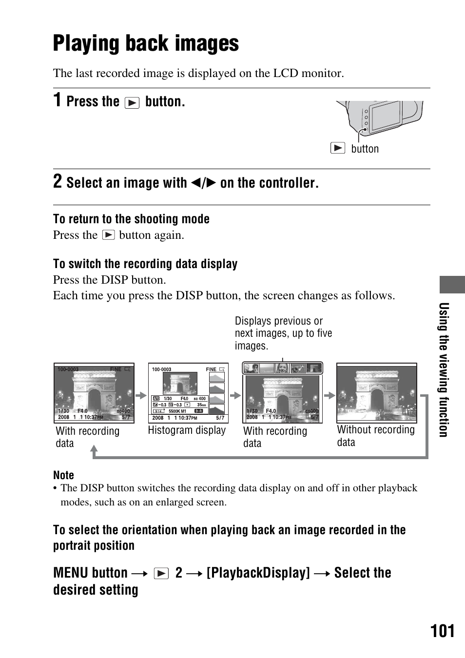 Using the viewing function, Playing back images, Tton (101) | Lay (101) | Sony 4-133-499-11 (1) User Manual | Page 101 / 167