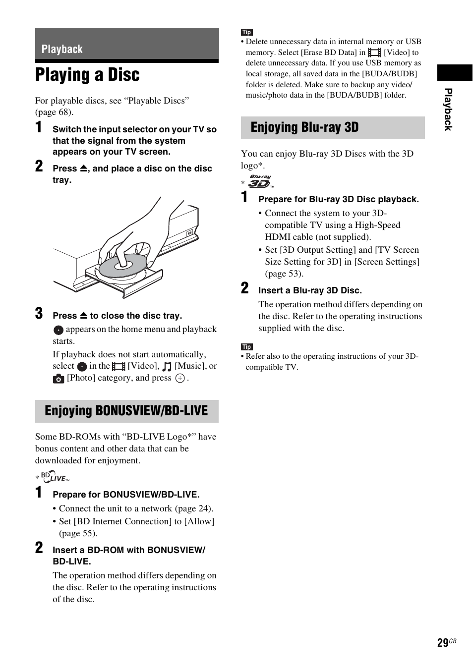 Playback, Playing a disc, Enjoying bonusview/bd-live | Enjoying blu-ray 3d, Es 29, Enjoying bonusview/bd-live enjoying blu-ray 3d | Sony 4-178-247-14(1) User Manual | Page 29 / 80