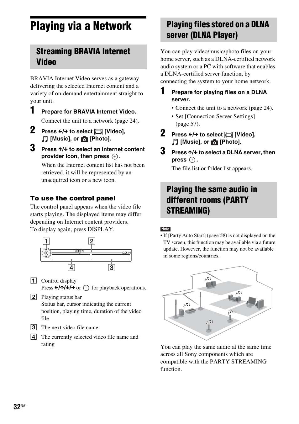 Playing via a network, Streaming bravia internet video | Sony 4-178-247-14(1) User Manual | Page 32 / 80