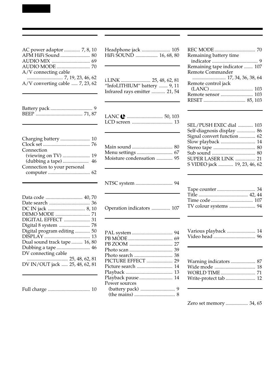 Index | Sony GV-D800E User Manual | Page 108 / 112