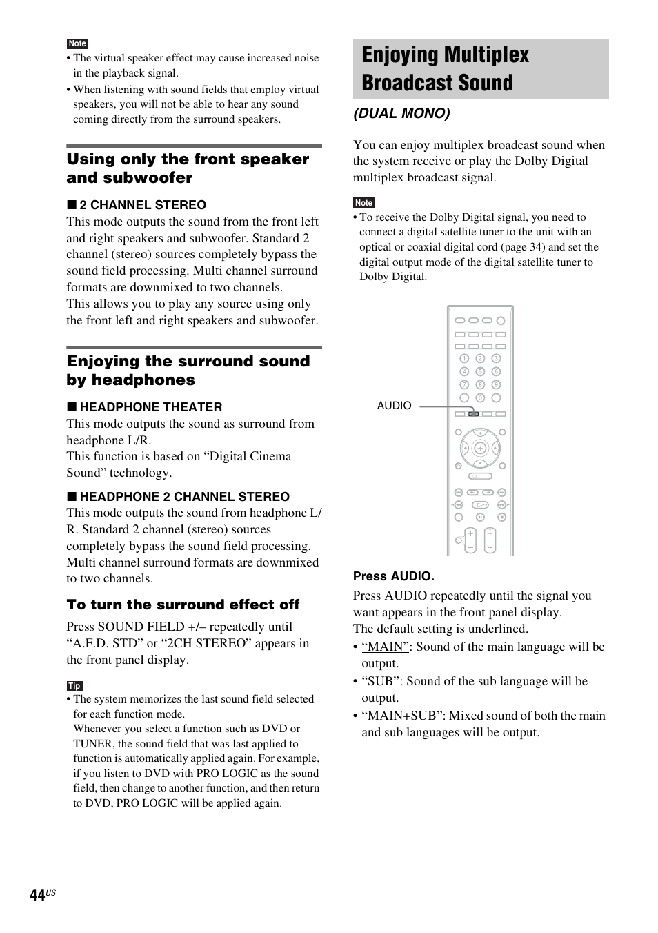Using only the front speaker and subwoofer, Enjoying the surround sound by headphones, Enjoying multiplex broadcast sound | Dual mono) | Sony DAVHDX500 User Manual | Page 44 / 120