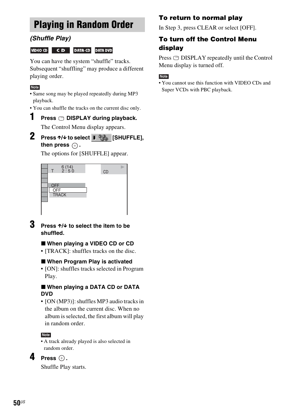 Playing in random order, Shuffle play) | Sony DAVHDX500 User Manual | Page 50 / 120