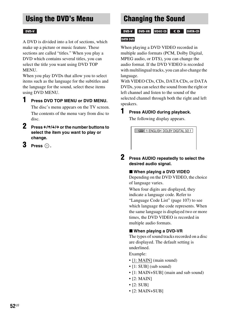 Using the dvd’s menu, Changing the sound, Using the dvd’s menu changing the sound | Sony DAVHDX500 User Manual | Page 52 / 120