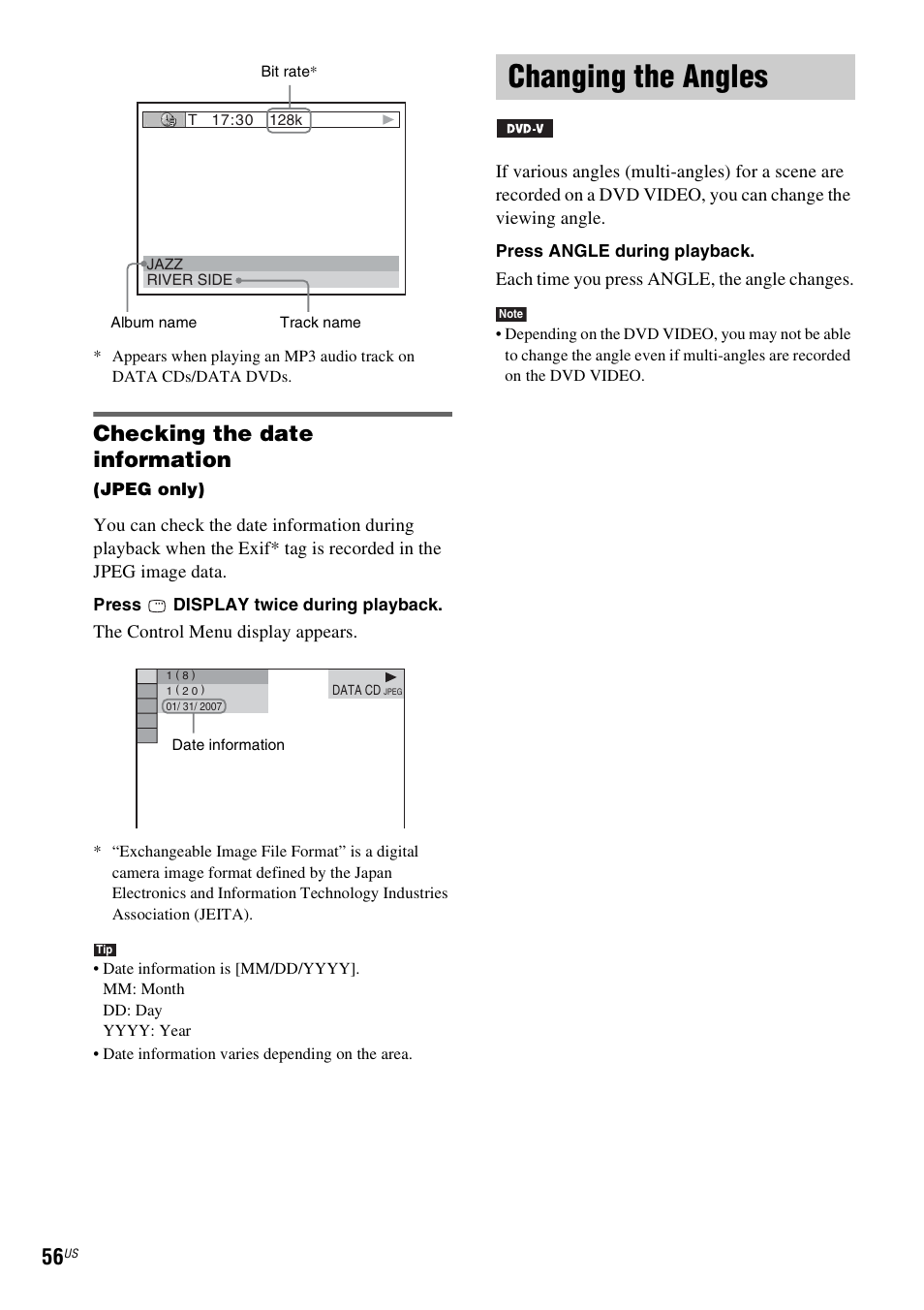 Checking the date information, Changing the angles | Sony DAVHDX500 User Manual | Page 56 / 120