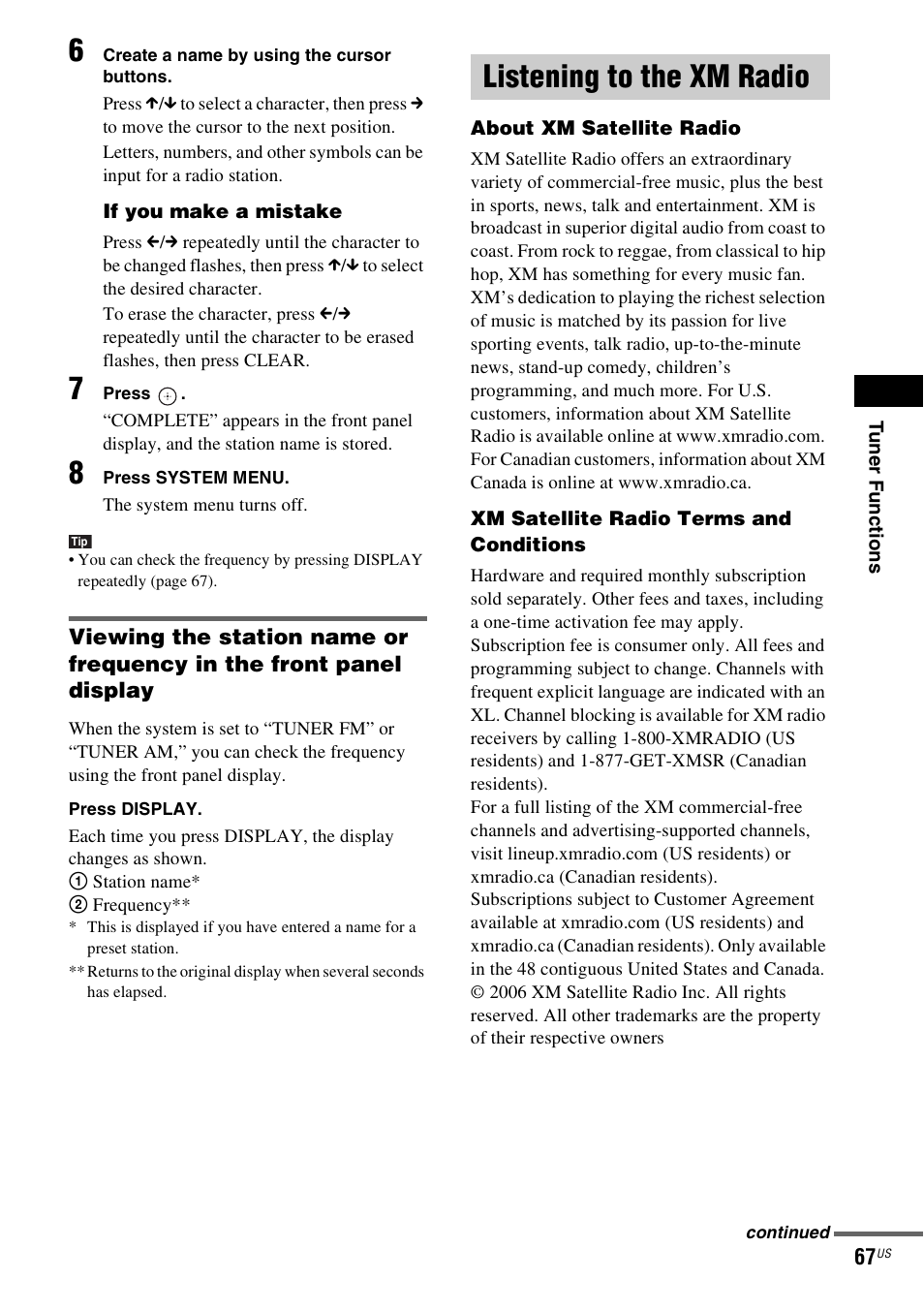 Listening to the xm radio | Sony DAVHDX500 User Manual | Page 67 / 120