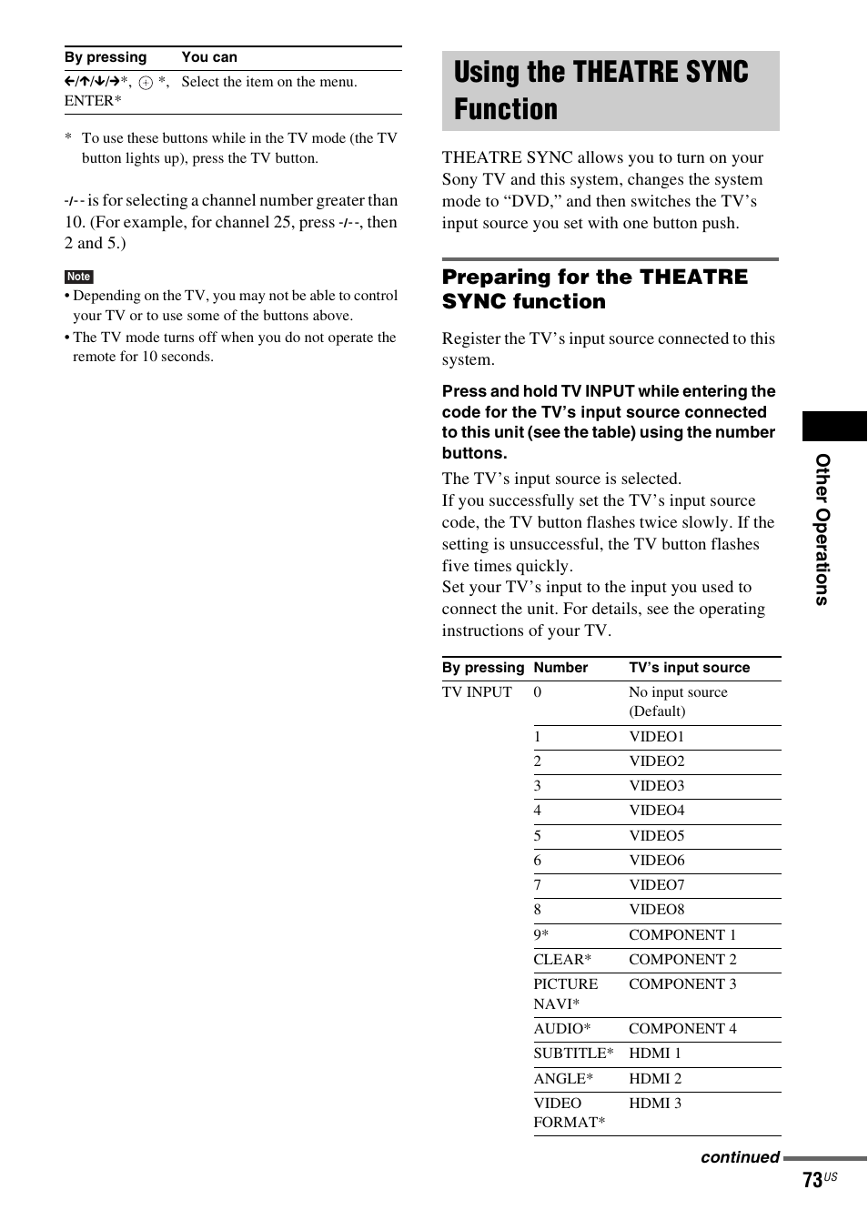 Using the theatre sync function, Preparing for the theatre sync function, Using the theatre sync | Function | Sony DAVHDX500 User Manual | Page 73 / 120