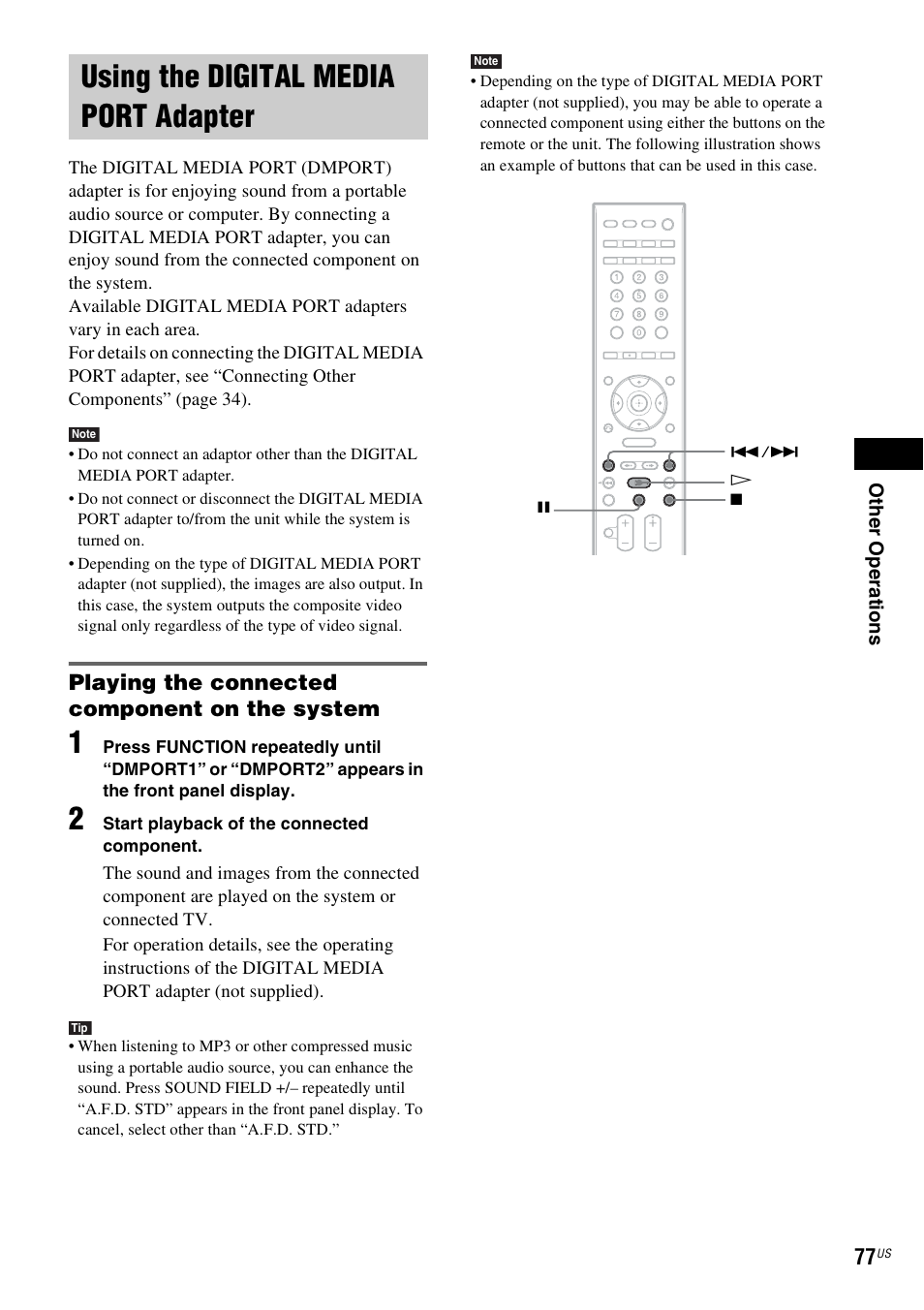 Using the digital media port adapter, Playing the connected component on the system, Using the digital media port | Adapter | Sony DAVHDX500 User Manual | Page 77 / 120