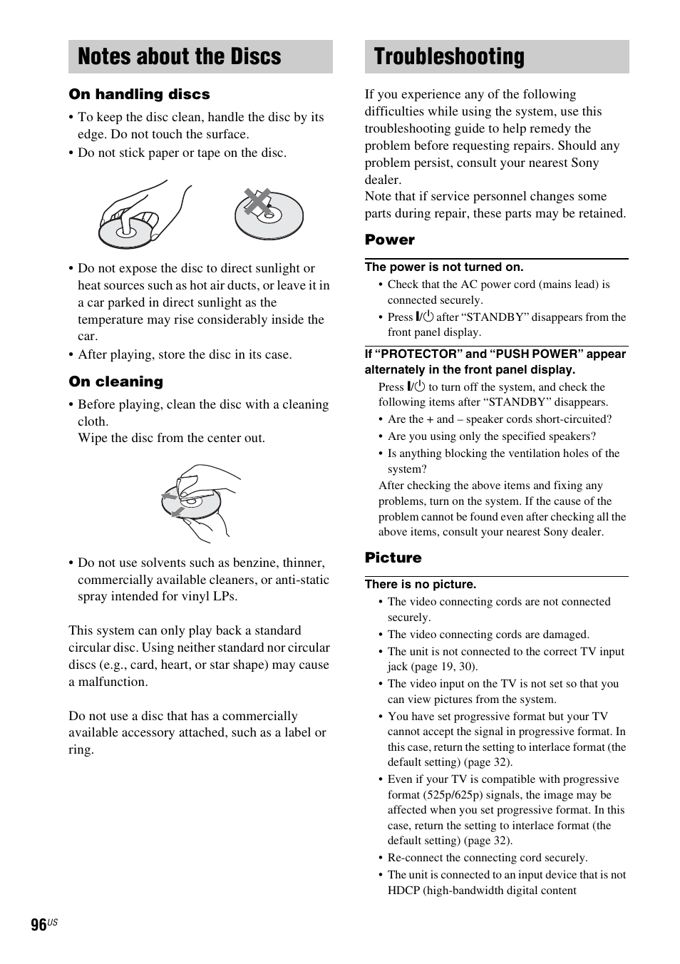 Notes about the discs, Troubleshooting, Notes about the discs troubleshooting | Sony DAVHDX500 User Manual | Page 96 / 120