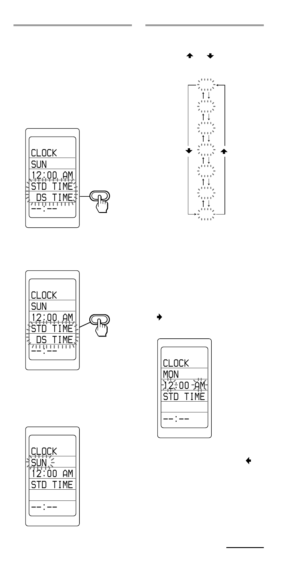 Clock sun 12:00 am std time ds time, Clock sun 12:00 am std time, Clock mon 12:00 am std time | Sony RM-VL1000T User Manual | Page 9 / 80