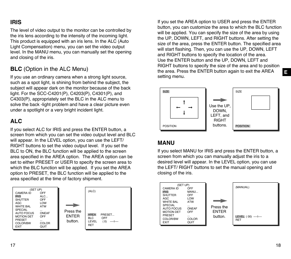 Iris, Blc (option in the alc menu), Manu | Samsung SCC-C4201P User Manual | Page 10 / 95