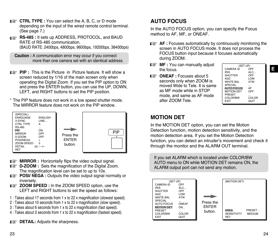 Auto focus, Motion det | Samsung SCC-C4201P User Manual | Page 13 / 95