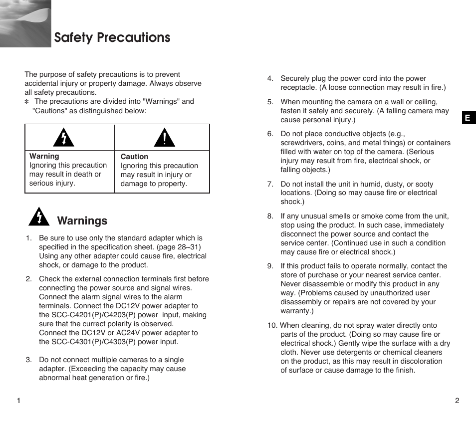 Safety precautions, Warnings | Samsung SCC-C4201P User Manual | Page 2 / 95