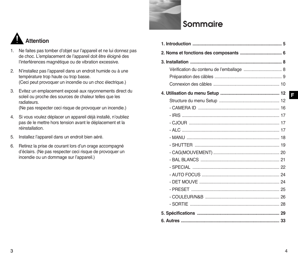 Sommaire, Attention | Samsung SCC-C4201P User Manual | Page 41 / 95