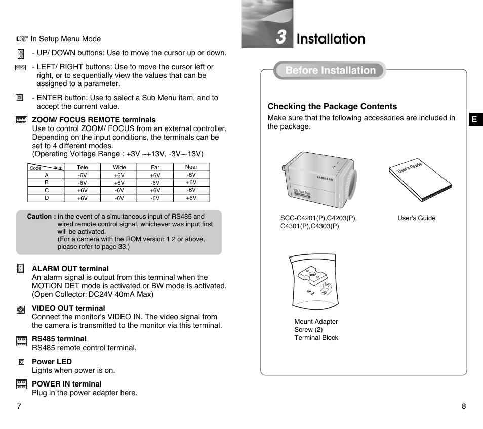 Installation, Checking the package contents, Before installation | Samsung SCC-C4201P User Manual | Page 5 / 95