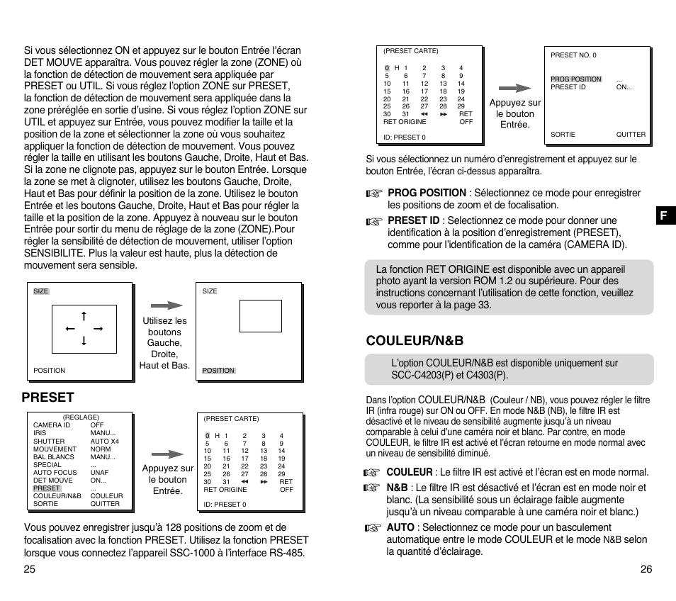 Preset, Couleur/n&b | Samsung SCC-C4201P User Manual | Page 52 / 95