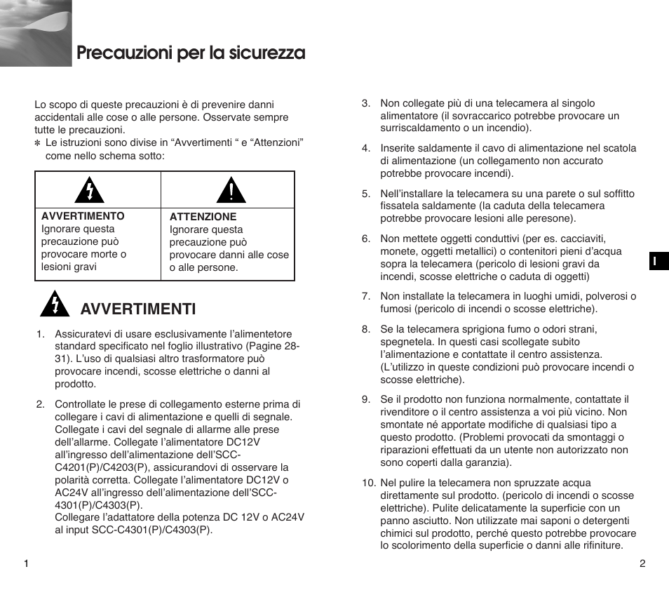 Precauzioni per la sicurezza, Avvertimenti | Samsung SCC-C4201P User Manual | Page 78 / 95