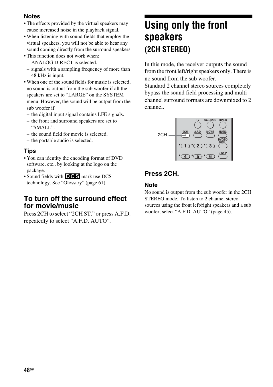 Using only the front speakers (2ch stereo), Using only the front speakers, 2ch stereo) | Press 2ch | Sony 3-284-083-41(1) User Manual | Page 48 / 72