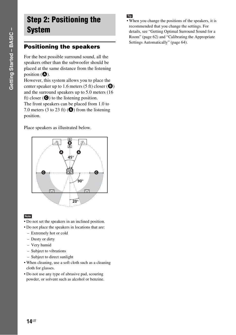 Step 2: positioning the system, Positioning the speakers | Sony DAV-HDZ235 User Manual | Page 14 / 100