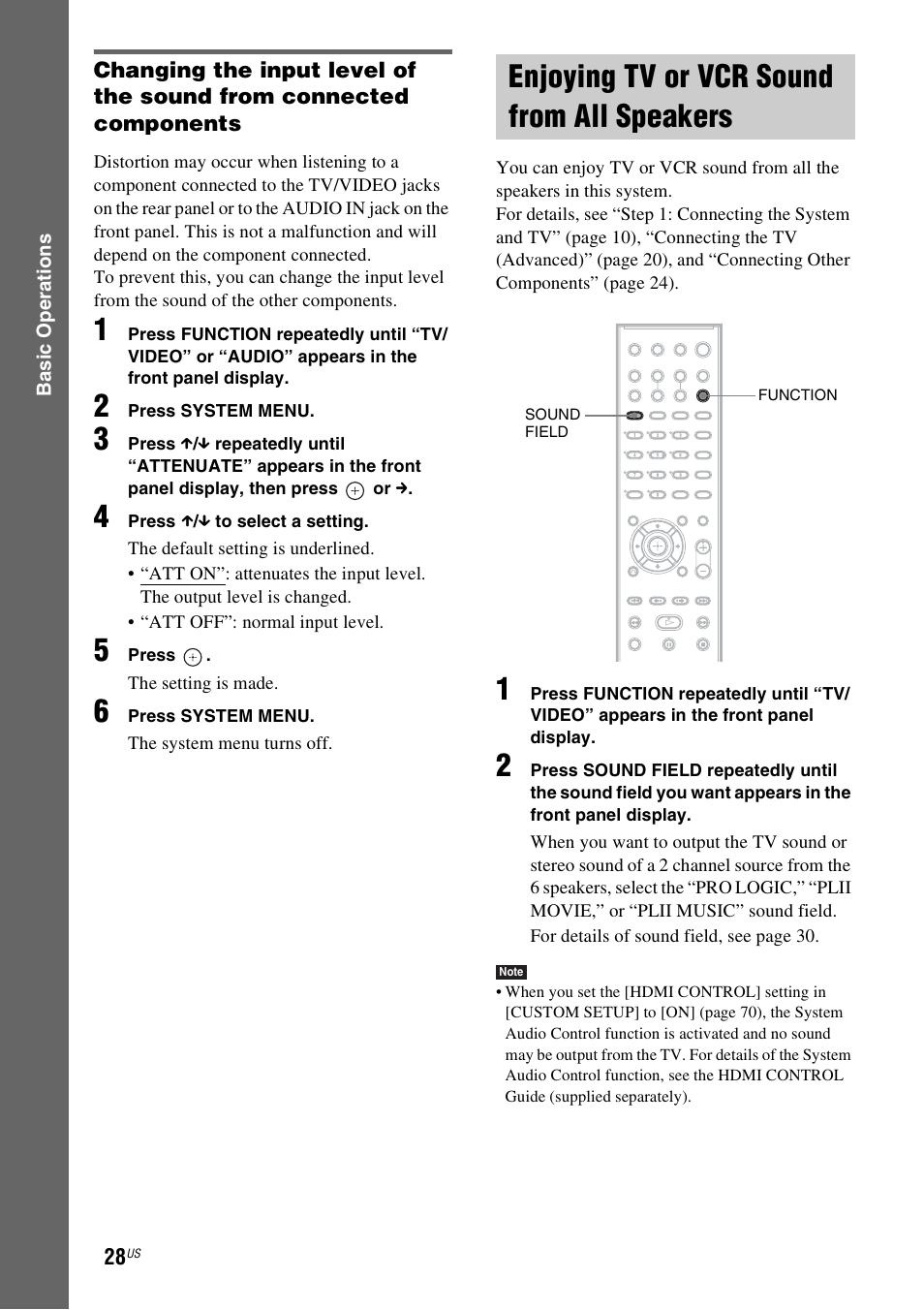 Enjoying tv or vcr sound from all speakers, Enjoying tv or vcr sound from all, Speakers | Sony DAV-HDZ235 User Manual | Page 28 / 100