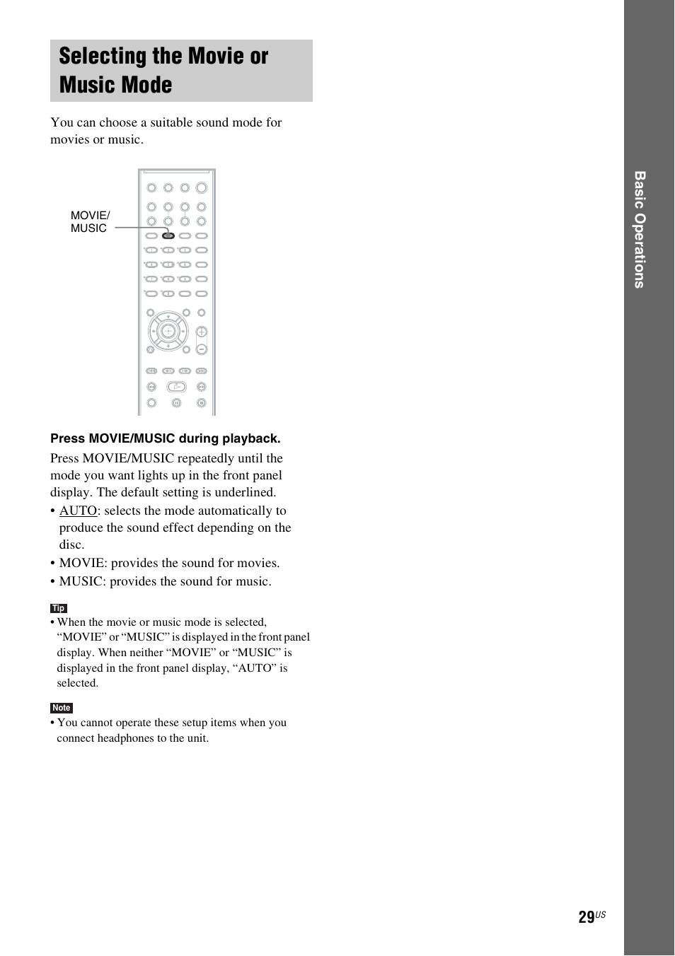 Selecting the movie or music mode, Selecting the movie or music, Mode | Sony DAV-HDZ235 User Manual | Page 29 / 100