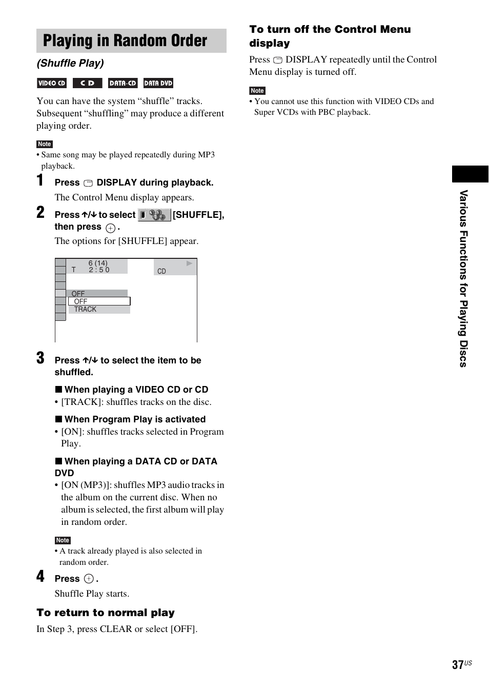 Playing in random order, Shuffle play) | Sony DAV-HDZ235 User Manual | Page 37 / 100