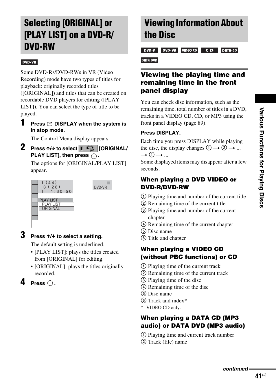 Viewing information about the disc, Selecting [original] or [play list, On a dvd-r/dvd-rw | Sony DAV-HDZ235 User Manual | Page 41 / 100