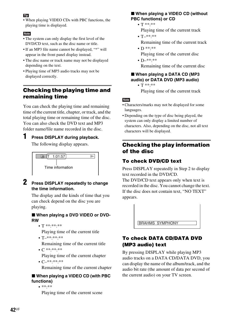 Checking the playing time and remaining time, Checking the play information of the disc | Sony DAV-HDZ235 User Manual | Page 42 / 100