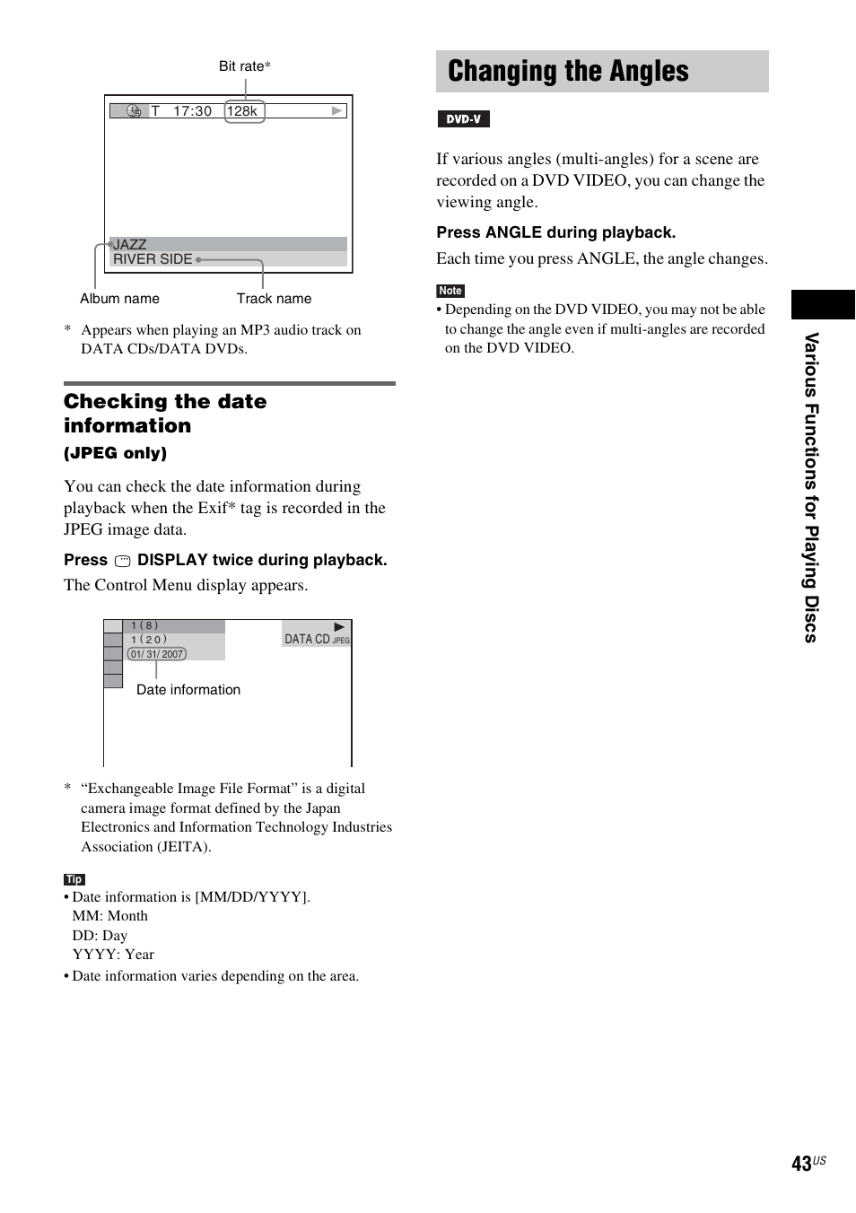 Checking the date information, Changing the angles | Sony DAV-HDZ235 User Manual | Page 43 / 100