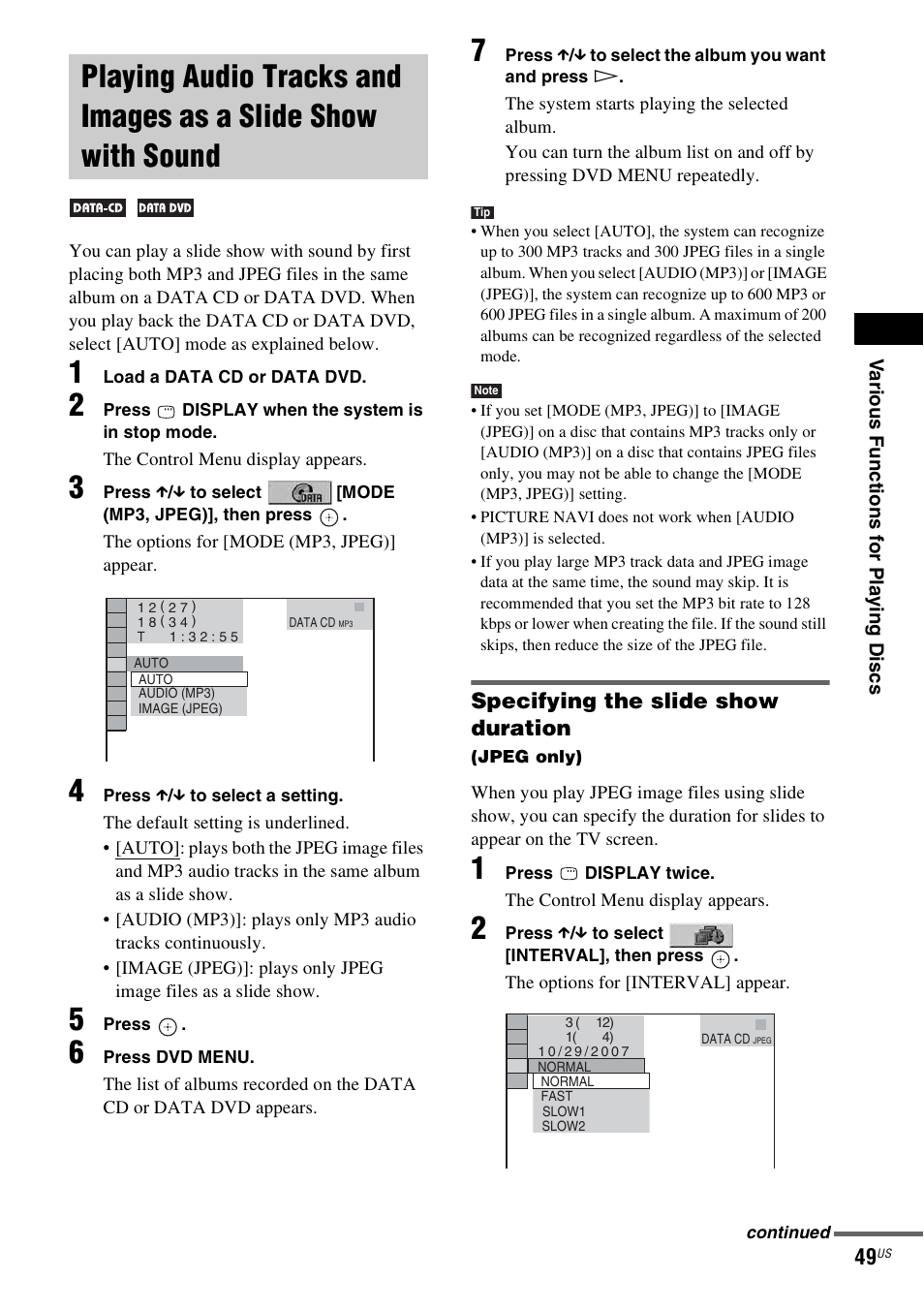 Specifying the slide show duration, Playing audio tracks and images as a, Slide show with sound | Sony DAV-HDZ235 User Manual | Page 49 / 100
