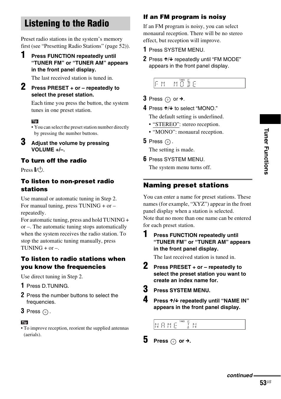 Listening to the radio, Naming preset stations | Sony DAV-HDZ235 User Manual | Page 53 / 100