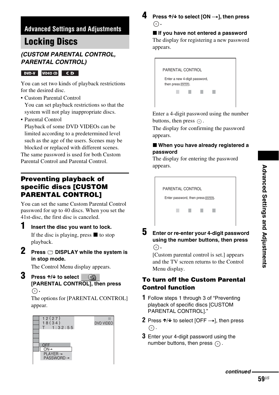 Advanced settings and adjustments, Locking discs, Custom parental control, parental control) | Sony DAV-HDZ235 User Manual | Page 59 / 100