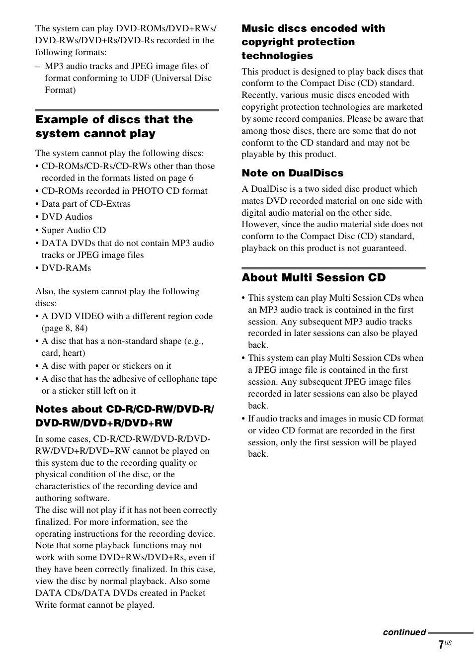 Example of discs that the system cannot play, About multi session cd | Sony DAV-HDZ235 User Manual | Page 7 / 100