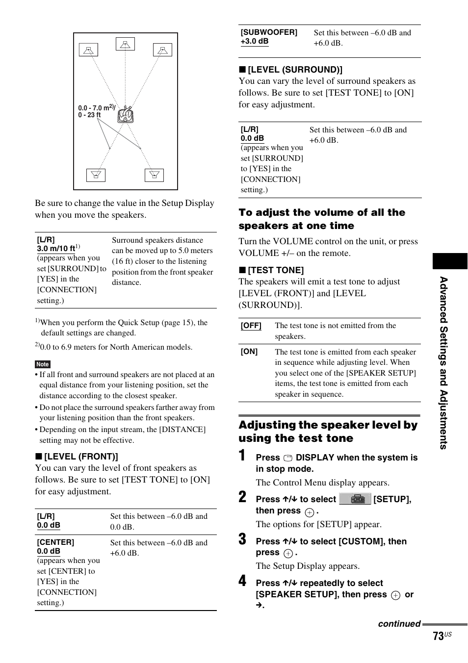 Adjusting the speaker level by using the test tone | Sony DAV-HDZ235 User Manual | Page 73 / 100