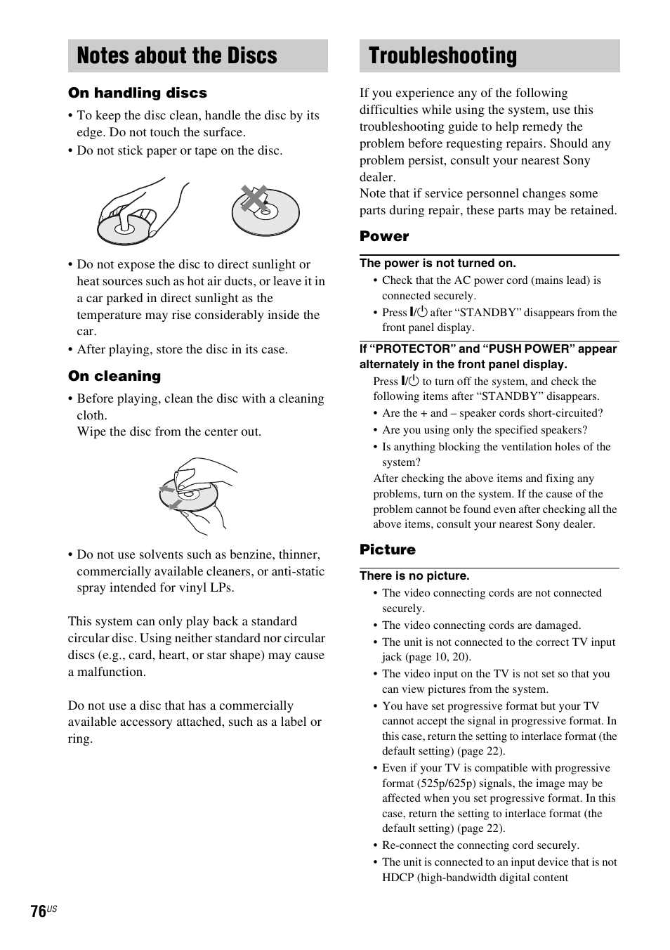 Notes about the discs, Troubleshooting, Notes about the discs troubleshooting | Sony DAV-HDZ235 User Manual | Page 76 / 100