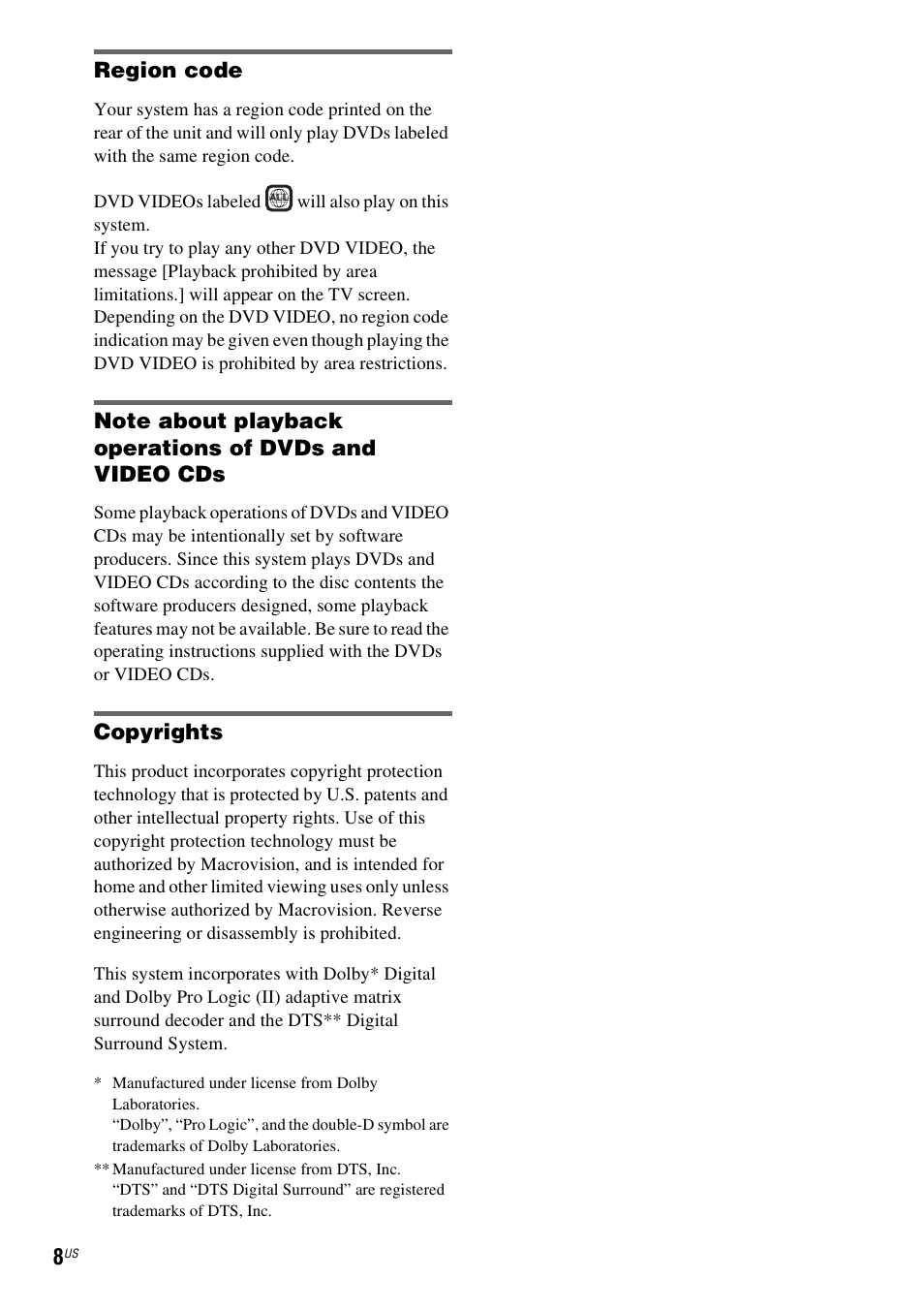 Region code, Copyrights | Sony DAV-HDZ235 User Manual | Page 8 / 100