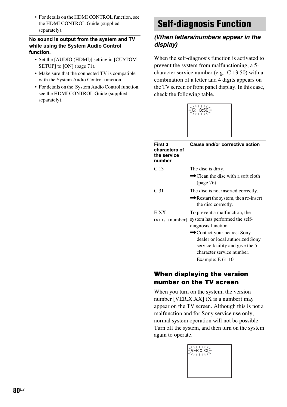 Self-diagnosis function, When letters/numbers appear in the display) | Sony DAV-HDZ235 User Manual | Page 80 / 100