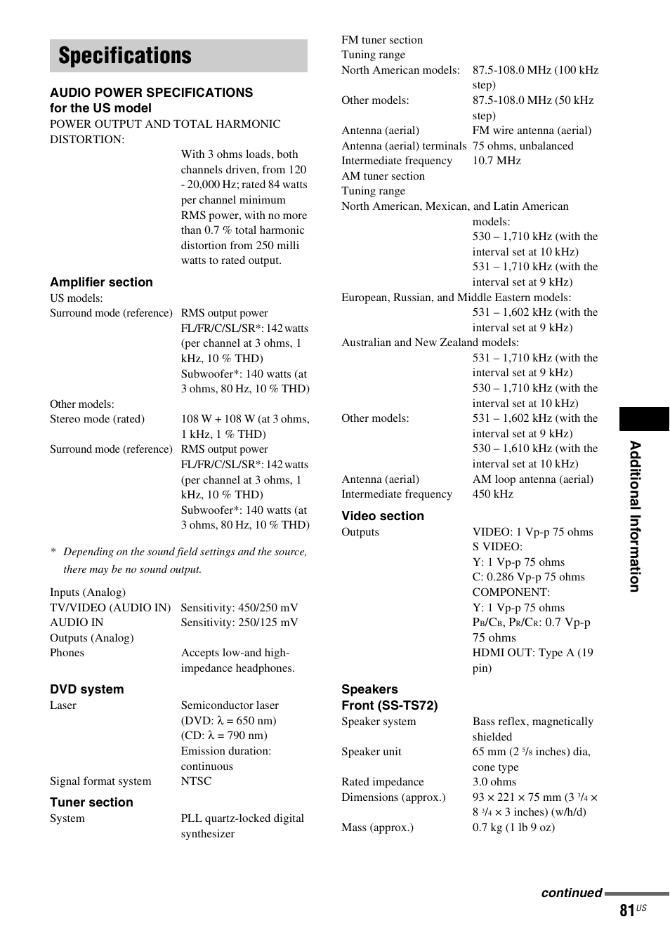 Specifications, Ad dition al i n fo rm atio n | Sony DAV-HDZ235 User Manual | Page 81 / 100