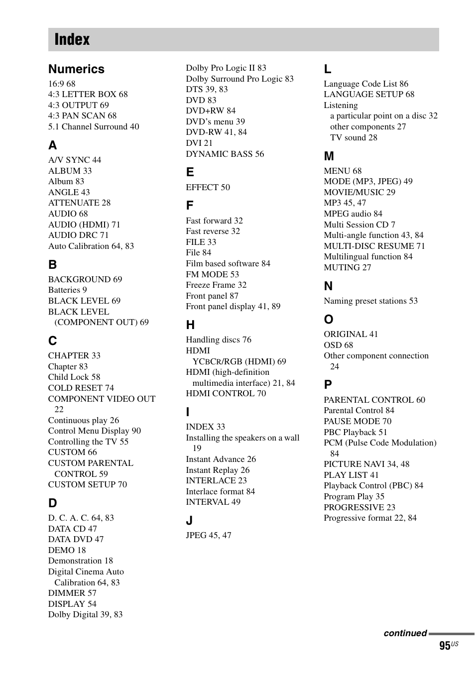 Index, Numerics | Sony DAV-HDZ235 User Manual | Page 95 / 100