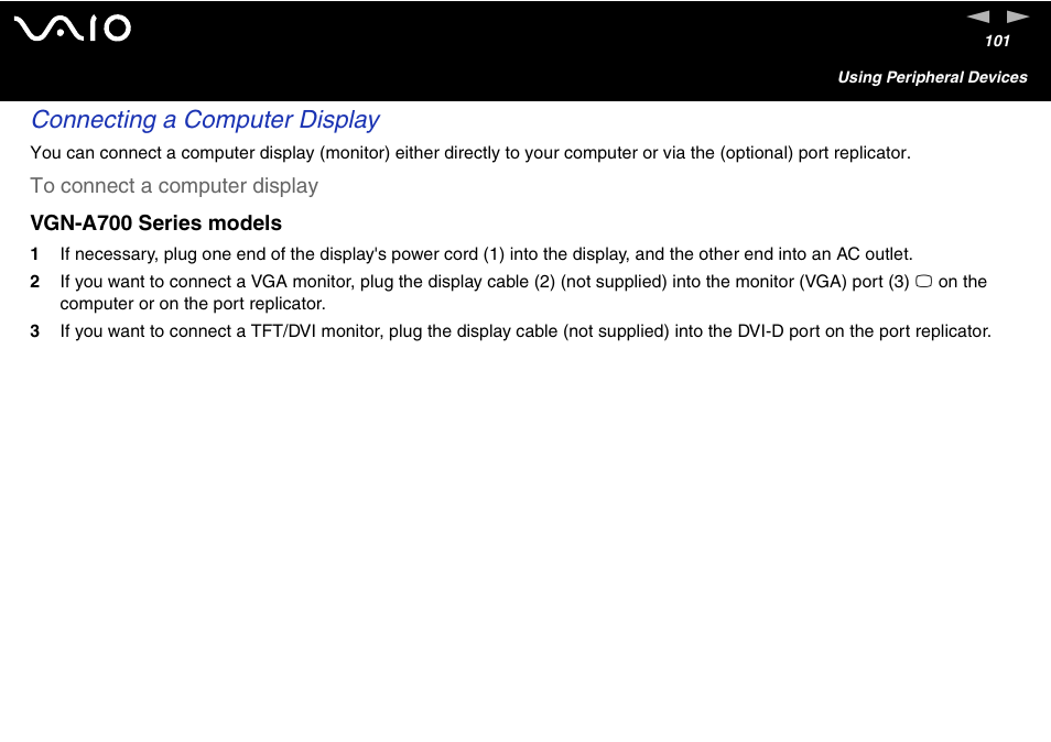 Connecting a computer display | Sony VAIO VGN-A700 User Manual | Page 101 / 216