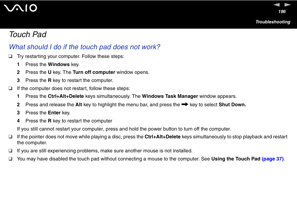 Touch pad, What should i do if the touch pad does not work | Sony VAIO VGN-A700 User Manual | Page 196 / 216