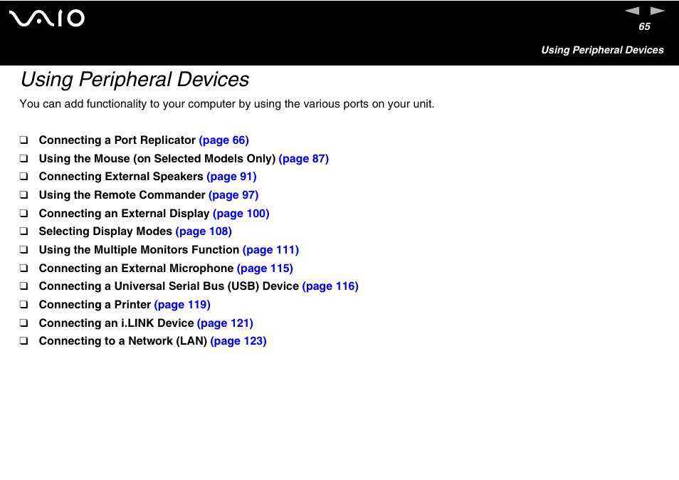 Using peripheral devices | Sony VAIO VGN-A700 User Manual | Page 65 / 216