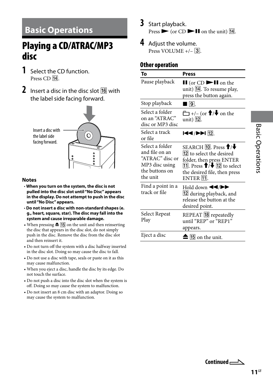 Basic operations, Playing a cd/atrac/mp3 disc, Playing a cd/atrac/mp3 disc 1 | Basic oper ations, Other operation | Sony CMT-U1BT User Manual | Page 11 / 36