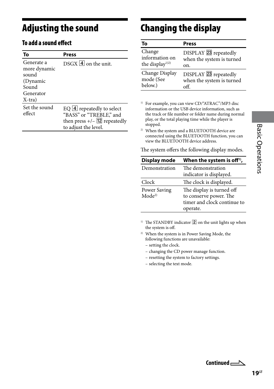 Adjusting the sound, Changing the display, Basic oper ations | Continued | Sony CMT-U1BT User Manual | Page 19 / 36
