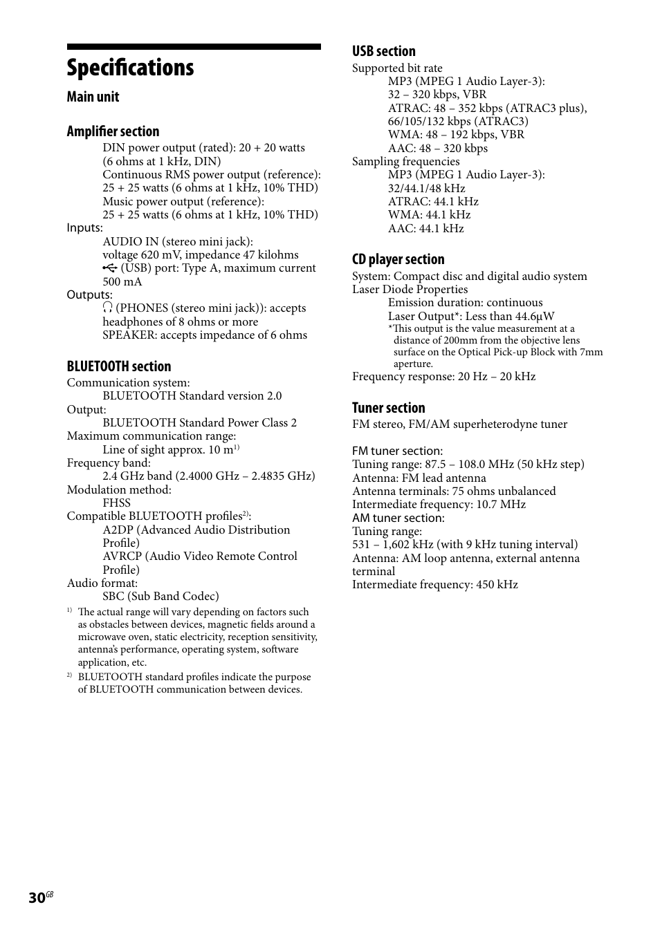 Specifications | Sony CMT-U1BT User Manual | Page 30 / 36