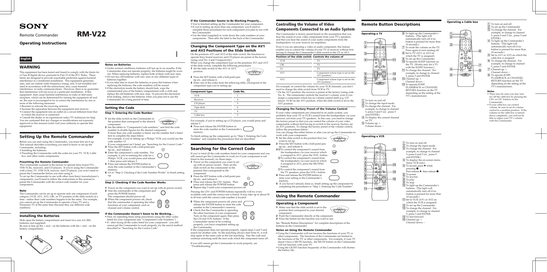 Sony RM-V22 User Manual | 2 pages