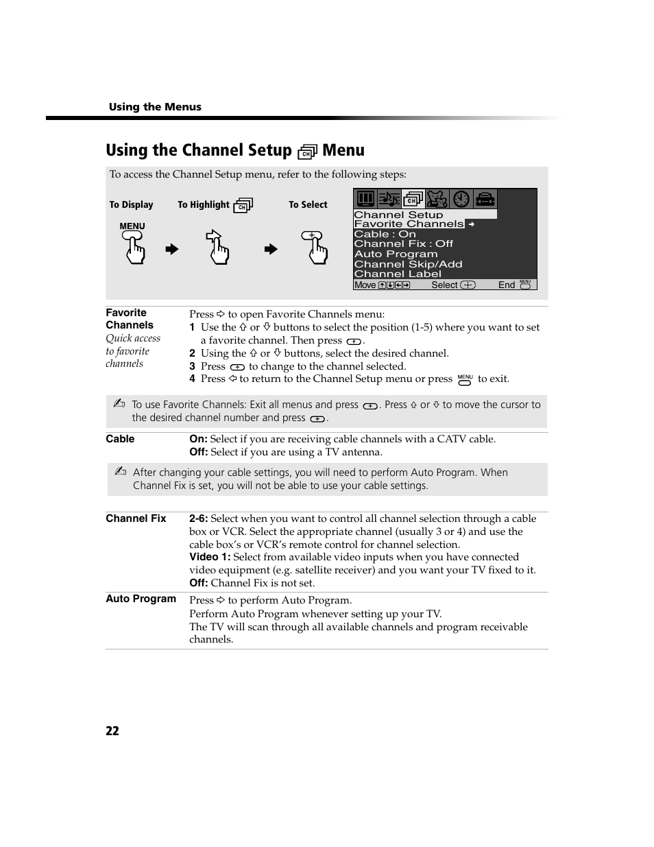 Chan. set menu, Using the channel setup menu | Sony WEGA  KV-20FV300 User Manual | Page 28 / 49
