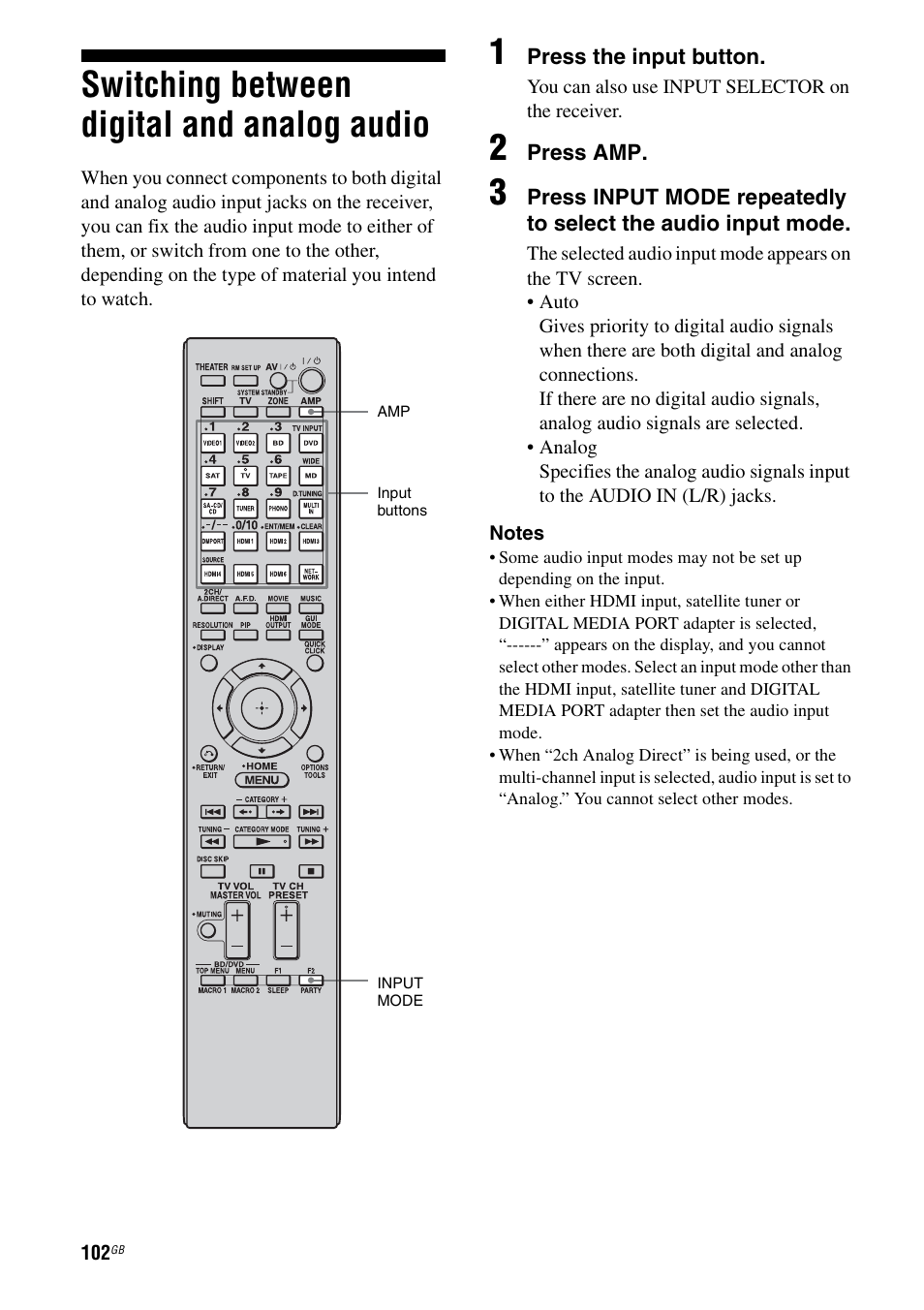 Switching between digital and analog audio, Switching between digital and analog, Audio | Sony 3-875-814-11(1) User Manual | Page 102 / 175